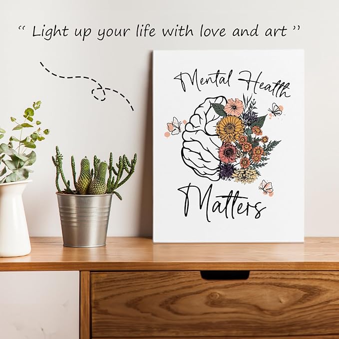 APJYM Mental Health Wall Decor, Mental Health Matters Flower Brain Canvas Wall Art, Therapist Office School Counselor Office Decor, 11x14 Inches