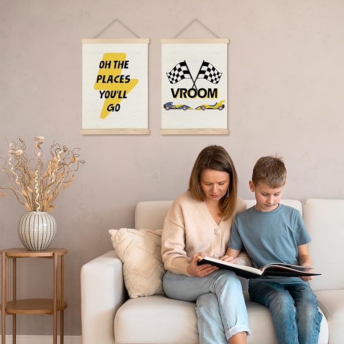 JINYO Race Car Wall Decor, Black and White Checkered Racing Flag Quote Wall Art Poster, Race Car Room Decor, Racing Cars Posters for Kids Boys Room Bedroom Playroom, 12x16 Inches Set of 2