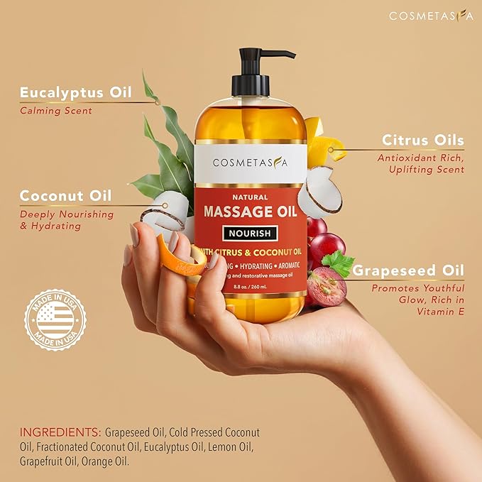 Cosmetasa Spa Gift Set for Women & Men - Relaxation Lavender Massage Oil, Citrus Coconut Oil, Arnica Sore Muscle Massage Oil with Hot Stones, Roller Ball and Thumb Saver Massage Tools