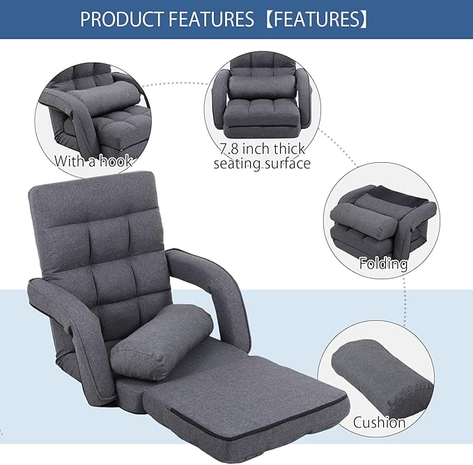 FLOGUOR 14-Position Adjustable Floor Chair, Chaise Lounge Indoor, Folding Lazy Sofa with Armrests and a Pillow Padded Adults Gaming Chairs for Living Room, Bedroom Factory Price,8803 (Grey)