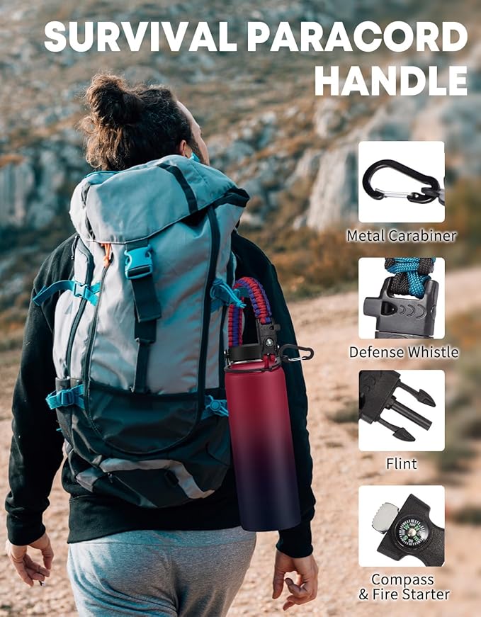 40/64/128 oz Stainless Steel Water Bottles Insulated - with Paracord Handle, Straw Lids, Flex Cap, Bottle Carrier & Silicone Boot, Leek Proof Water Bottle 40 oz Flask Metal Jug Cold 48 Hrs Hot 24 Hrs