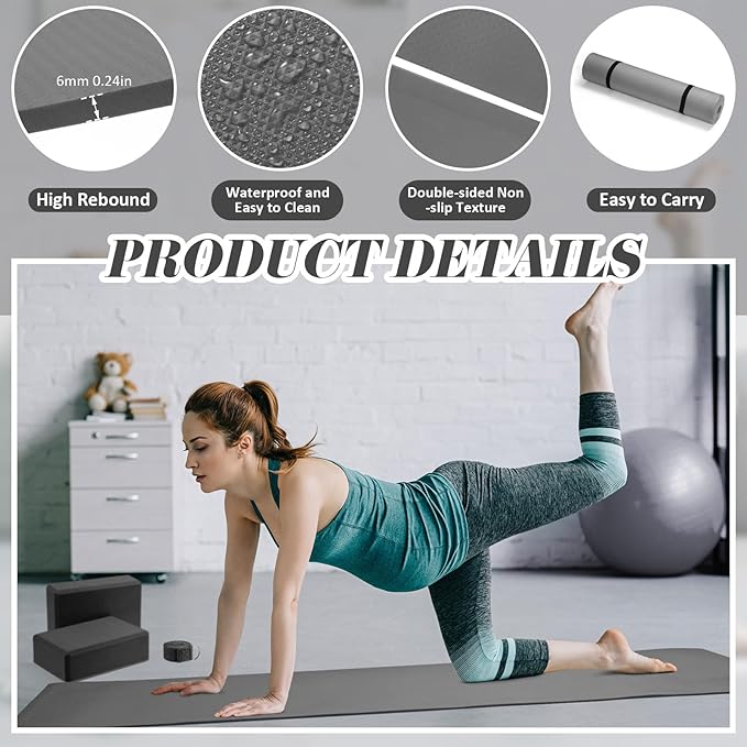 10 Pcs Yoga Starter Kit Include Yoga Mat with Carry Strap, 2 Yoga Blocks, Yoga Strap, Yoga Pilates Ball, 5 Resistance Bands with Air Pump Yoga Mat Set and Kit for Beginners Women and Men