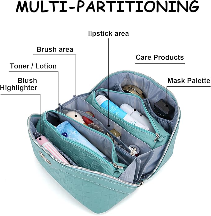 BOYATU Travel Makeup Bag Organizer Cosmetic Bag: 3 Pcs Set Make up Bags for Women with Handle - Waterproof Vegan Leather Toiletry Bags Travel Essentials Pouch with Compartments (C-02-Blue)