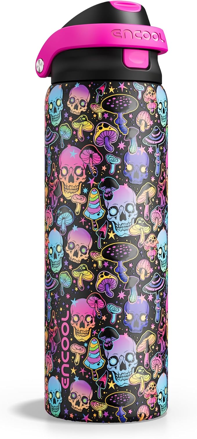 Halloween Gothic Water Bottle with Straw, Stainless Steel Insulated Water Bottle,Leak Proof, One-Touch Flip Lid, BPA Free, Holiday Gifts For Women Men, 32oz, Trippy Skulls