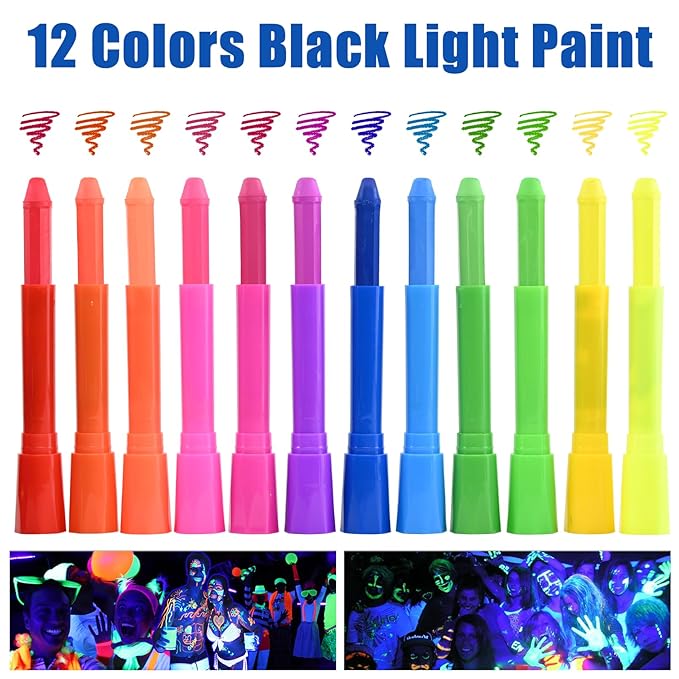 Glow in the Dark Paint, Non-Toxic Neon Face Paint, Washable Black Light Paint, Face Paint Markers for Halloween, Cosplay, Party, Compact UV Body Paint 12 PCS