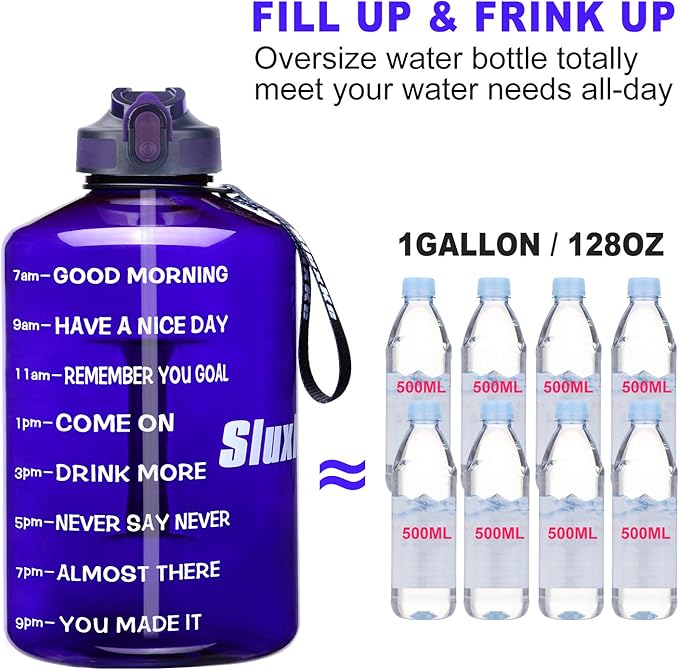 1 Gallon Motivational Sports Water Bottle with Time Marker, BPA Free 128oz Leak Proof Jug, Black, Plastic, 128 ounces, Fitness, Sports, Outdoor Activities