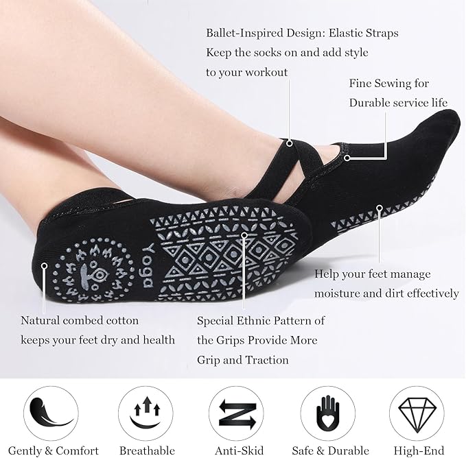 Geyoga 6 Pairs Pilates Socks for Women Barre Yoga Ballet Non-slip Athletic Socks with Grip Straps for Barefoot Workout