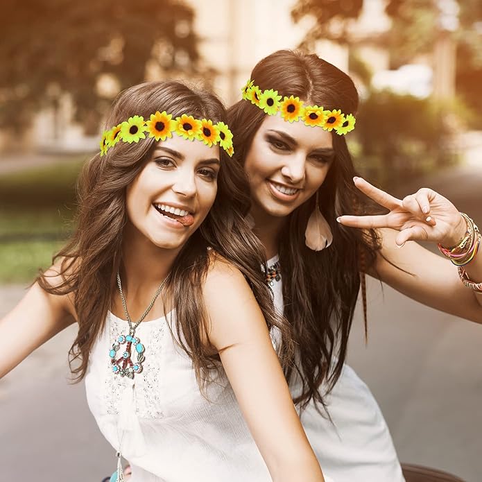 4 Pcs Hippie Costume Accessories Set 70s Peace Sign 60s Outfits for Women Necklace Daisy Earrings Flower Headband Sunglasses
