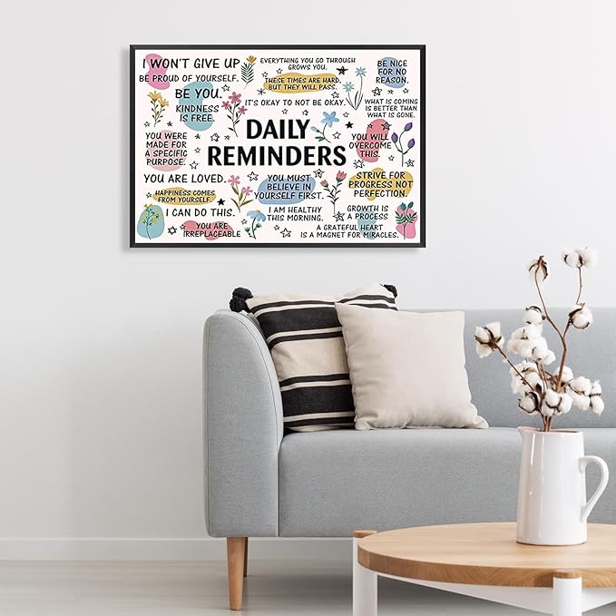 JMGHKL Daily Reminders Inspirational Canvas Wall Art Trendy Motivational Positive Affirmations Posters Uplifting Mental Health Wall Decor For Home Office Classroom 8x12in Framed