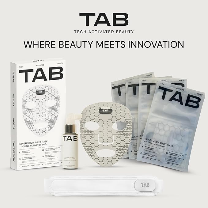 TAB SilverFusion Sheet Mask Pack with Toning Activator Pod – Silver-Infused Face Mask Set with Rechargeable Toning Device, Hydrating Sheet Masks for Men & Women
