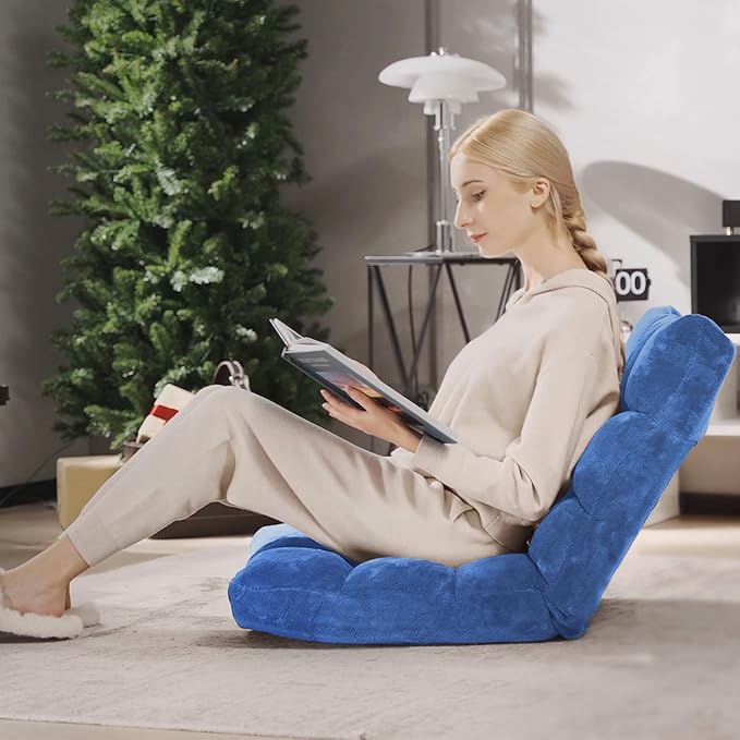 GORELAX Memory Foam Floor Chair, 14-Poistion Adjustable Floor Reading Gaming Chair Recliner, Folding Cushioned Meditation Chair with Back Support, Padded Lazy Sofa Chair for Adults, Kids (Blue)