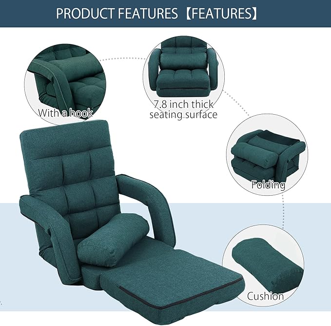 FLOGUOR 14-Position Adjustable Floor Chair, Chaise Lounge Indoor, Folding Lazy Sofa with Armrests and a Pillow Padded Adults Gaming Chairs for Living Room, Bedroom Factory Price (Green) 8803GN