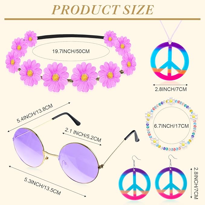 Batiyeer 6 Pcs Hippie Costume Accessories Set, Boho Peace Sign Daisy Flower 60s 70s Party Favors Decor for Groovy Party Women