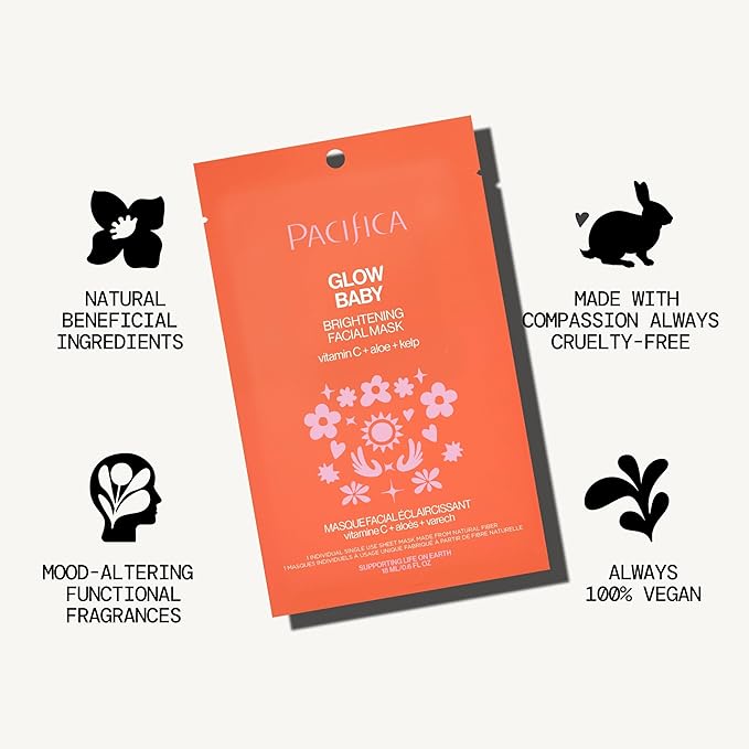 Pacifica Glow Baby Brightening Vitamin C Face Mask 4-Pack – Hydrating Serum-Soaked Sheet Mask for Glowing Skin, Fights Dullness & Dark Spots, Infused with Aloe & Kelp, 100% Vegan & Cruelty-Free