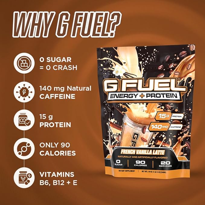 G Fuel Protein + Energy Drink Powder, Pre Workout Caffeine Mix for Gaming, Sugar Free Focus Amino, Vitamin + Antioxidants, 19oz (French Vanilla Latte, 20 Servings)