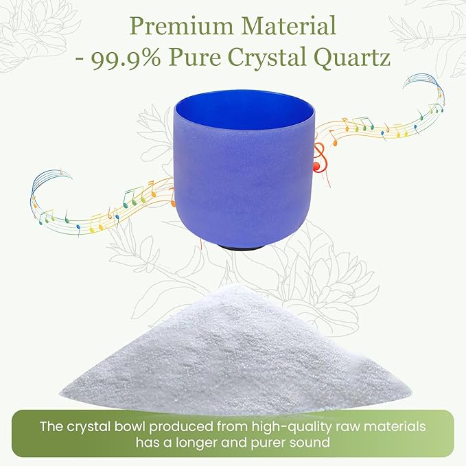 432HZ 7 Inchs Frosted Crystal Singing Bowl Set for Meditation Healing Yoga Chakra Quartz Crystal Sound Bowls with Heavy Duty Carry Case and Rubber Mallet,Suede Striker,O-rings