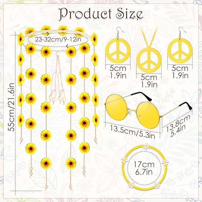 6 Pcs Hippie Costume Accessories Set, Flower Hippie Headband Boho Peace Sign Necklace Earrings Sunglasses Bracelet