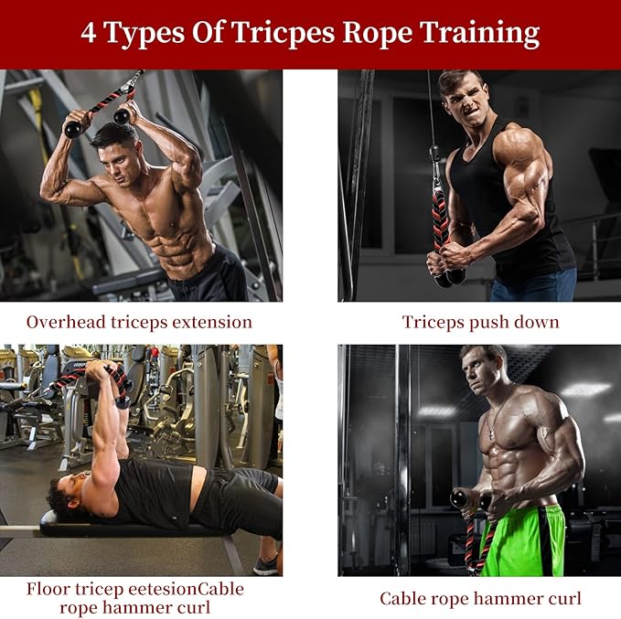 Deluxe Tricep Rope Pull Down Cable, 27 & 36 Inch Rope Length, Easy to Grip & Non-Slip Cable Attachment for Gym Workout Exercise