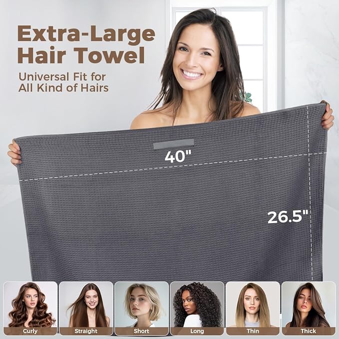 HOMEXCEL 2 Pack Microfiber Hair Towels Waffle Weave- 40 x 26.5 inches Fast Drying Turbans for Long, Thick, Curly Hair - Anti Frizz Wrap with Elastic Strap, Black/Grey