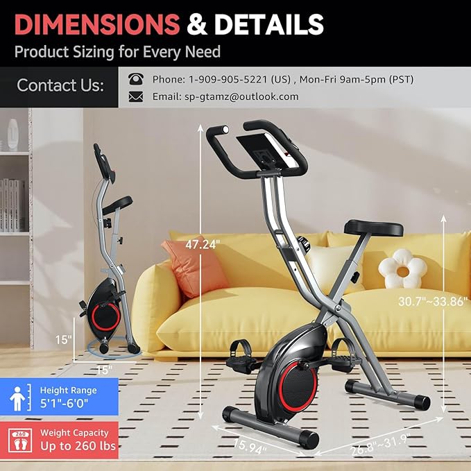 Foldable Exercise Bike for Small Apartments, Stationary Bikes for Home, Indoor Portable Cycling Bike with 16-Level Magnetic Resistance, 260LBS Capacity, 5.5 LBS Flywheel, Designed for Small Space Workout 816