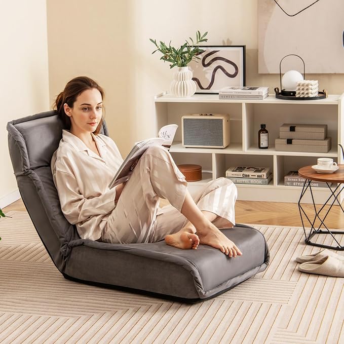 COSTWAY Folding Floor Chair, Convertible Lazy Sofa Chair with 14-Poistion Adjustable Backrest, 5-Position Adjustable Headrest, Cushioned Floor Gaming Chair for Adults, Reading, Meditating (Grey)