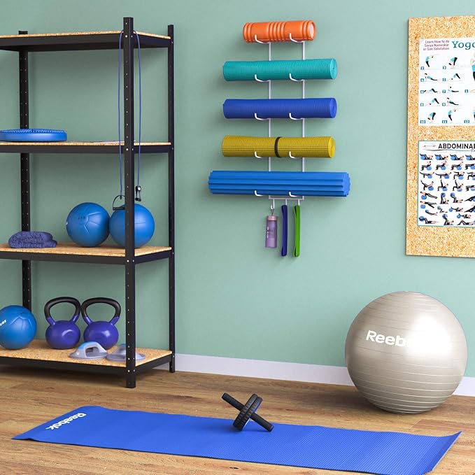 Wallniture Guru Yoga Mat Holder Wall Mount with 3 Hooks for Hanging Yoga Strap, Resistance Bands, 5-Sectional Metal