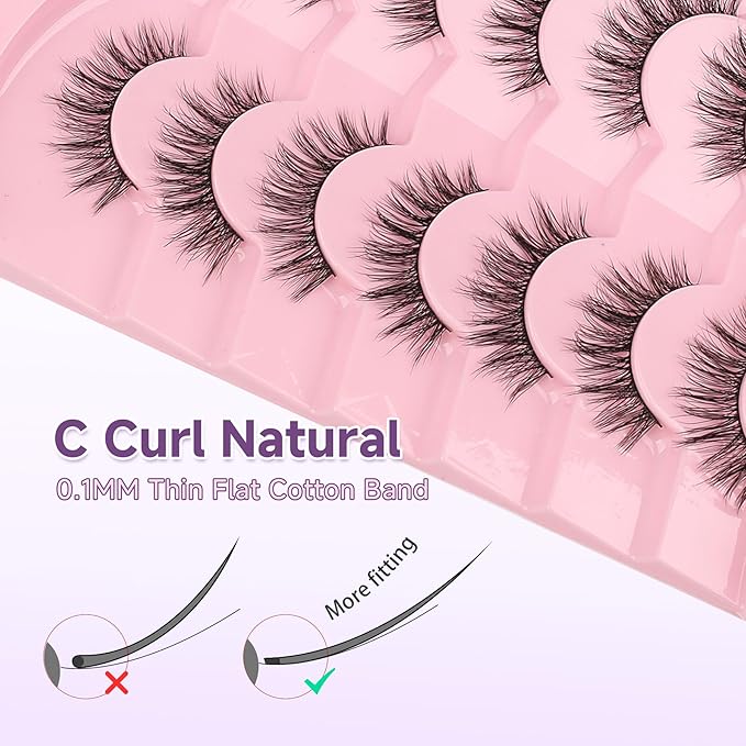 False Eyelashes 16MM Lashes Natural Wispy Eyelashes Thin Band Fluffy Lashes Pack +3D Volume False Lashes Soft Strip Lashes C Curl Natural Eyelashes Fake Lashes 7 Pair EVENTILL