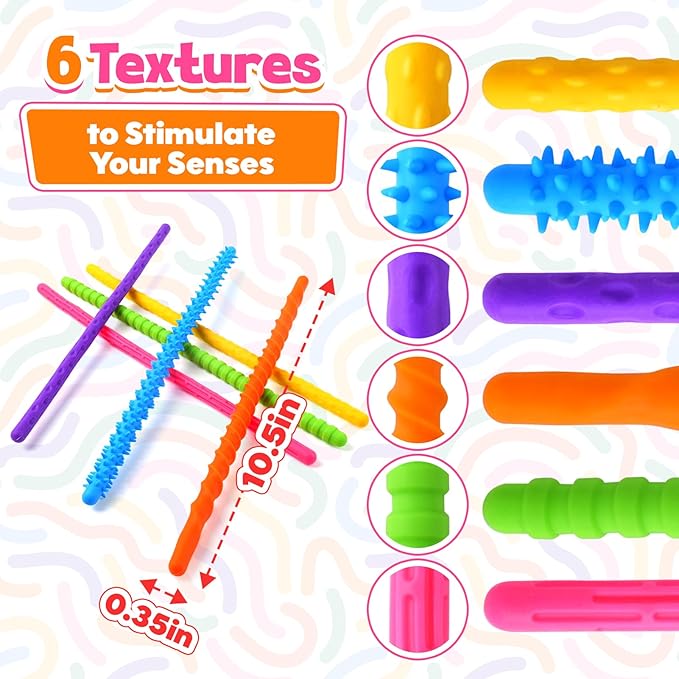 Fidget Toys Sensory Stick: Textured Silicone Sensory Toys for Kids 6 Pack, Stress Fidgets for Anxiety Relief Calming, Autism Classroom Must Haves, Christmas Stocking Stuffers for Teen Girls Boys Kids