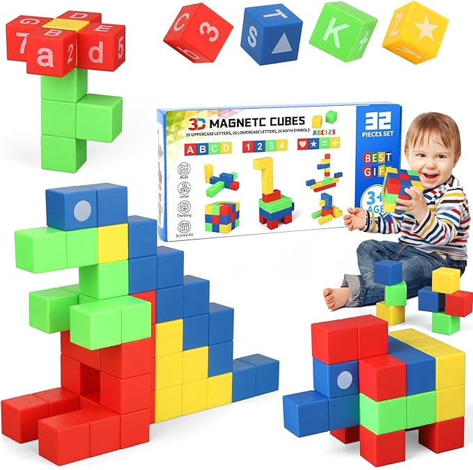 Dilabnba 32PCS Magnetic Building Blocks for Kids Ages 3-5 4-8, 3D Magnet Cube Montessori Toy, Sensory Preschool Creative STEM Montessori Toy