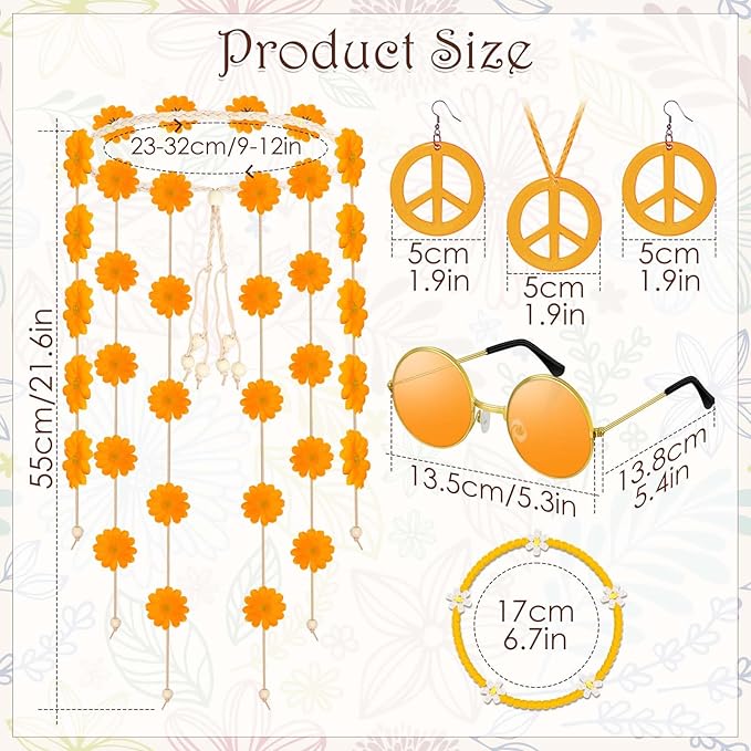 6 Pcs Hippie Costume Accessories Set, Flower Hippie Headband Boho Peace Sign Necklace Earrings Sunglasses Bracelet