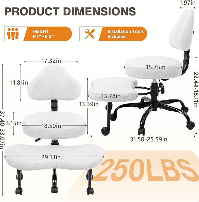 Cross Legged Office Chair, Criss Cross Desk Chair ADHD Meditation Kneeling Yoga Seat with Adjustable Height, Lumbar Support, Wider Footrest and Wheels (Pearl White)