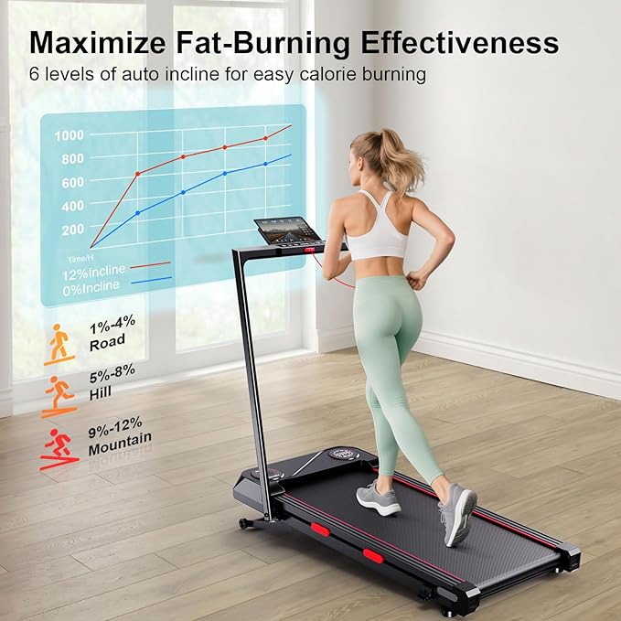 Jogwell Walking Pad with 12% Auto Incline, Under Desk Treadmill for Home Office, Upright Space-Saving Design Walking Pad with Handle Bar, Double Steel Frame, 330 LBS Capacity, Remote Control