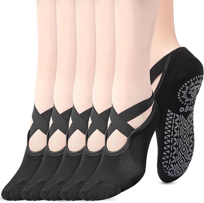 Geyoga 6 Pairs Pilates Socks for Women Barre Yoga Ballet Non-slip Athletic Socks with Grip Straps for Barefoot Workout