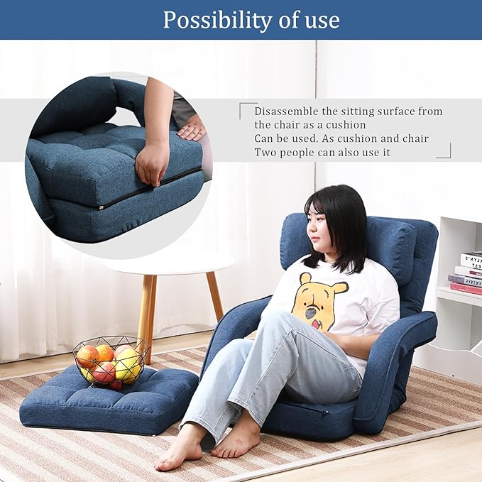 FLOGUOR 42-Position Adjustable Floor Chair, Chaise Lounge Indoor, Folding Lazy Sofa with Armrests and a Pillow Padded Adults Gaming Chairs for Living Room, Bedroom Factory Price, 8803XM (Blue)