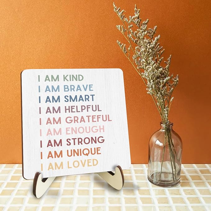 Decorative Desk Decor Motivational I Am Kind Affirmations Positive Plaque with Wooden Stand Inspirational Wood Sign for Nursery Playroom Homeschool Classroom Reading Corner Table Shelf