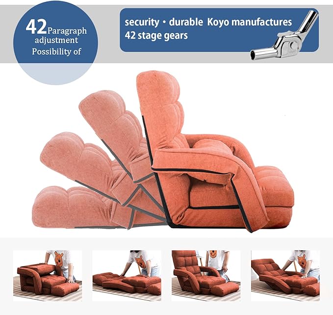 FLOGUOR 14-Position Adjustable Floor Chair, Chaise Lounge Indoor, Folding Lazy Sofa with Armrests and a Pillow Padded Adults Gaming Chairs for Living Room, Bedroom Factory Price,8803 (Orange)