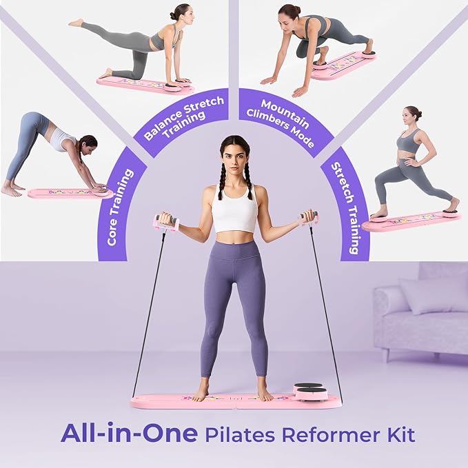 Pilates Reformer Board – 5-in-1 Foldable Pilates Machine for Home Workout, Portable Fitness Board with Resistance Bands, Full Body Training for Women