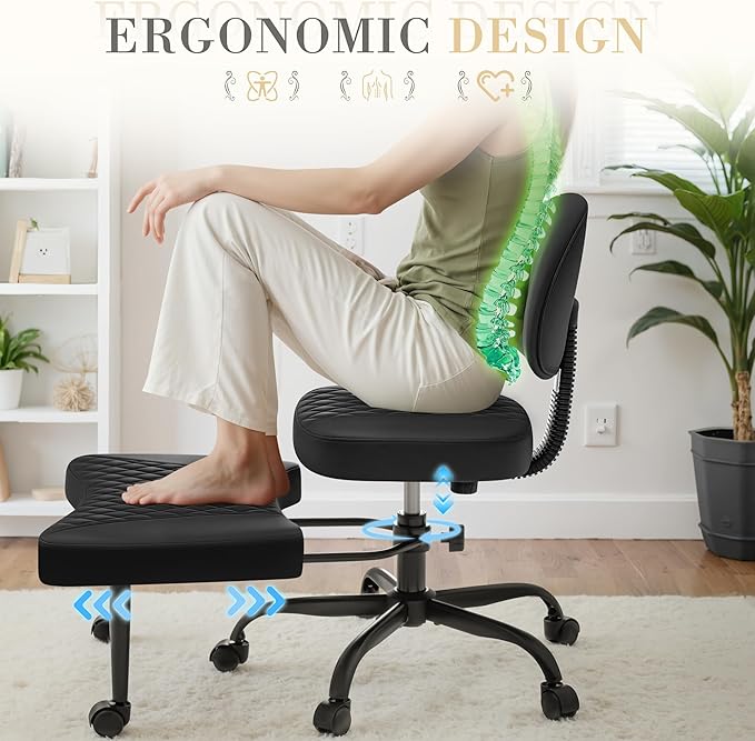 Furmax Ergonomic Criss Cross Legged Office Chair with Wheels, 360°Swivel Adjustable Height Kneeling Desk Chair with Footrest for ADHD, Yoga, Meditation, Home Office (Leather, Black)