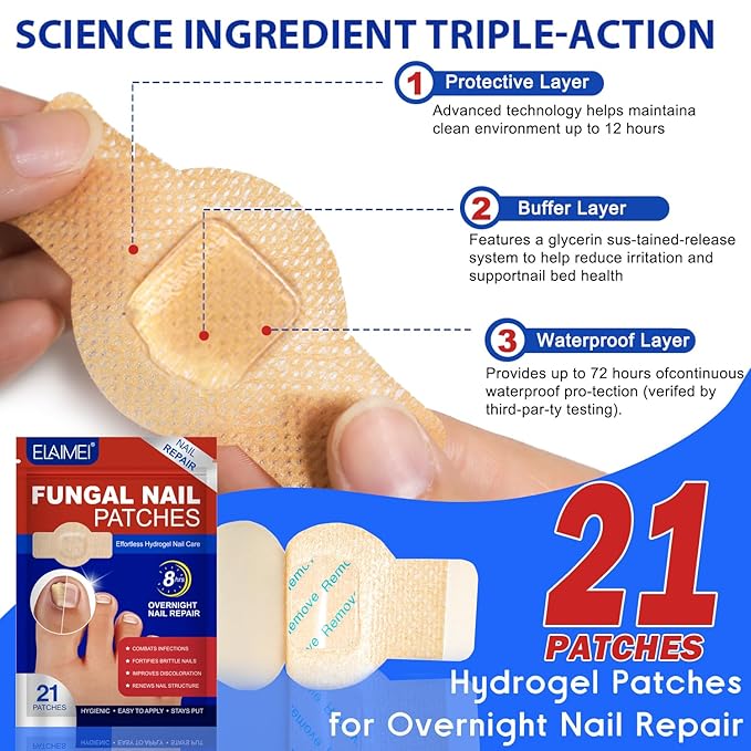 Fungal Nail Patches for Toenails, 21 Pcs Fungus Nail Patches, Toenail Fungus Treatment Extra Strength - Overnight Repair for Nail Fungus Damage, 8-Hour Restores Healthy Appearance, Easy to Apply
