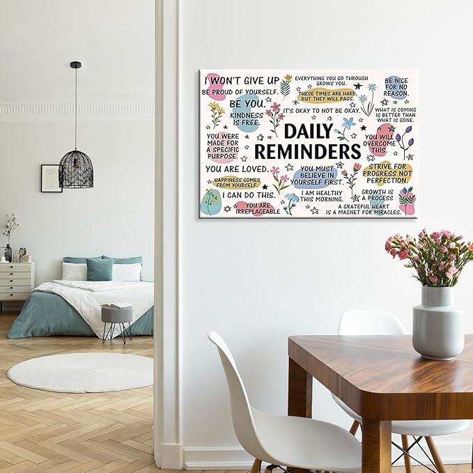 JMGHKL Daily Reminders Inspirational Canvas Wall Art Trendy Motivational Positive Affirmations Posters Uplifting Mental Health Wall Decor For Home Office Classroom 24x36in Framed