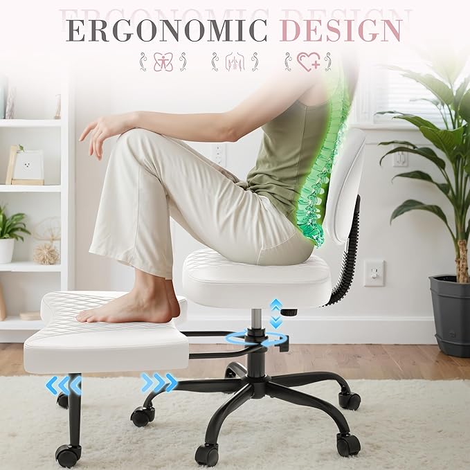 Furmax Ergonomic Criss Cross Legged Office Chair with Wheels, 360°Swivel Adjustable Height Kneeling Desk Chair with Footrest for ADHD, Yoga, Meditation, Home Office (Leather, White)