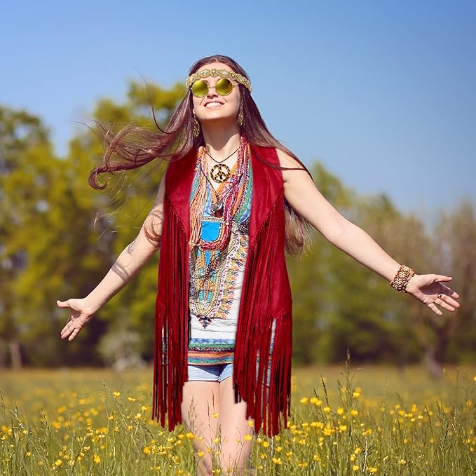 6 Pcs 60s 70s Outfits for Women Hippie Costume Set Peace Sign Earring Headband Fringe Vest Tassel Cardigan