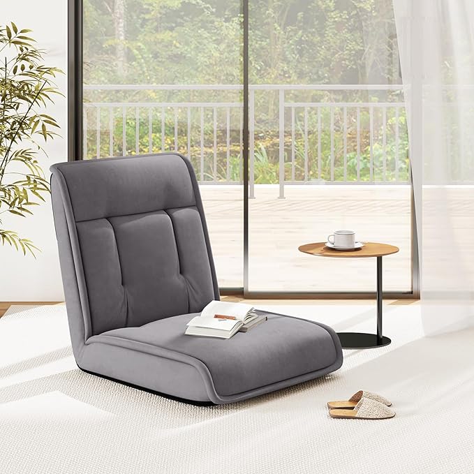 COSTWAY Folding Floor Chair, Convertible Lazy Sofa Chair with 14-Poistion Adjustable Backrest, 5-Position Adjustable Headrest, Cushioned Floor Gaming Chair for Adults, Reading, Meditating (Grey)