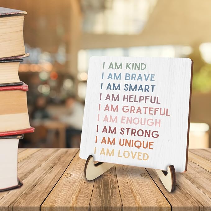 Decorative Desk Decor Motivational I Am Kind Affirmations Positive Plaque with Wooden Stand Inspirational Wood Sign for Nursery Playroom Homeschool Classroom Reading Corner Table Shelf
