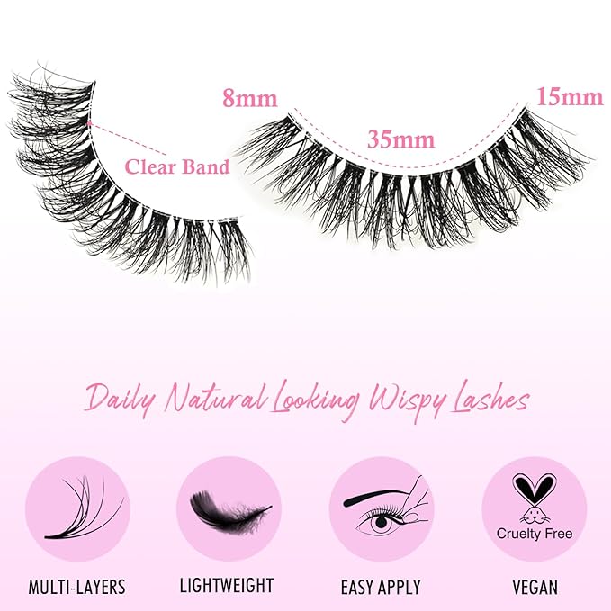 Lashes False Wispy Eyelashes Natural Cat Eye Lash Strips 10 Pairs Fake Mink Eyelash Pack 8-15mm Natural Look Fluffy Strip Lashes Clear Band Easy Eyelashes for Beginners with Cluster Looking