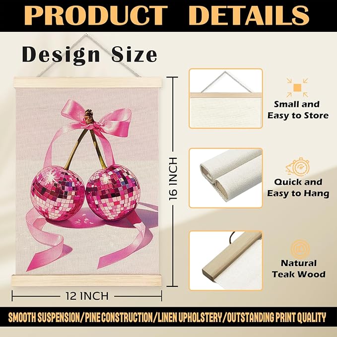 Funky Y2K Pink Ribbon Cherry Disco Ball Wall Art, Disco Ball Room Decor, Y2K Room Decor, Preppy Room Decor, Trendy Retro Aesthetic Canvas Wall Art Poster Hanger Frame, 12x16 Inches