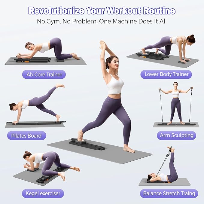 Pilates Reformer Board with Resistance Bands – Portable Pilates Machine, Full Body Workout for Home, Core Strengthener, Glute & Leg Toning, Dual Use, LED Timer & Calorie Display