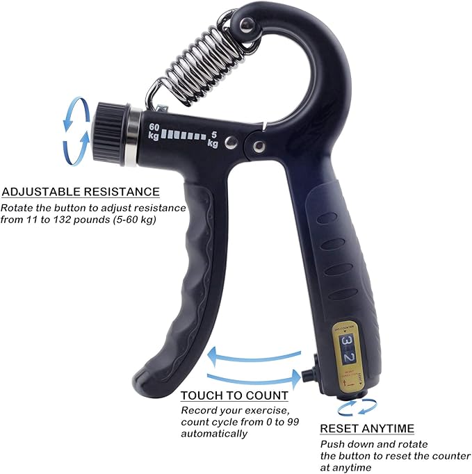 KAILIMENG Gripper - Hand Grip Strengthener with Counter, Adjustable Resistance from 11-132 LB (5-60 KG), Strength Training for Fingers, Metal Black