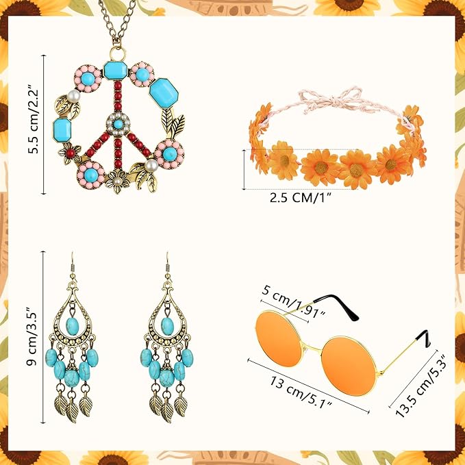 Hicarer Hippie Costume Accessories Include Sunglasses, Peace Sign Necklace, Boho Headband and Earring for 60s 70s Party