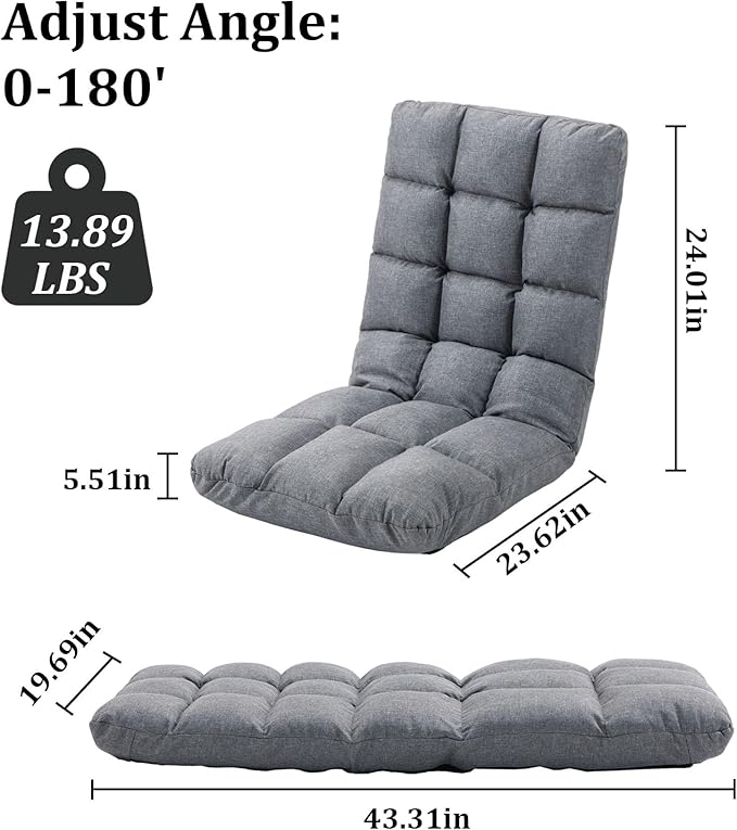 Folding Floor Chair with Back Support, 14 Adjustable Positions, Breathable Padded Sleeper Bed, Couch Recliner, Gaming Sofa Chair for Adults & Kids, Perfect for Meditating, Reading, Living Room (Grey)